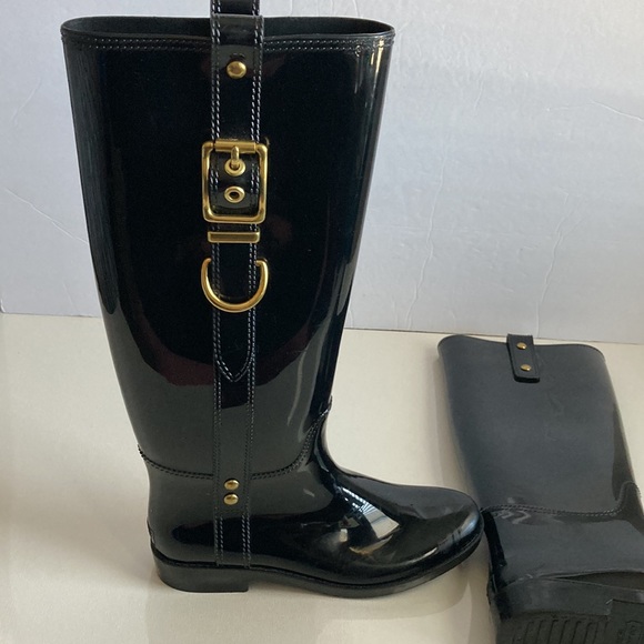 Coach Tasha Signature Gold Buckle Black Long Rain Boots Size 6M - Picture 3 of 16